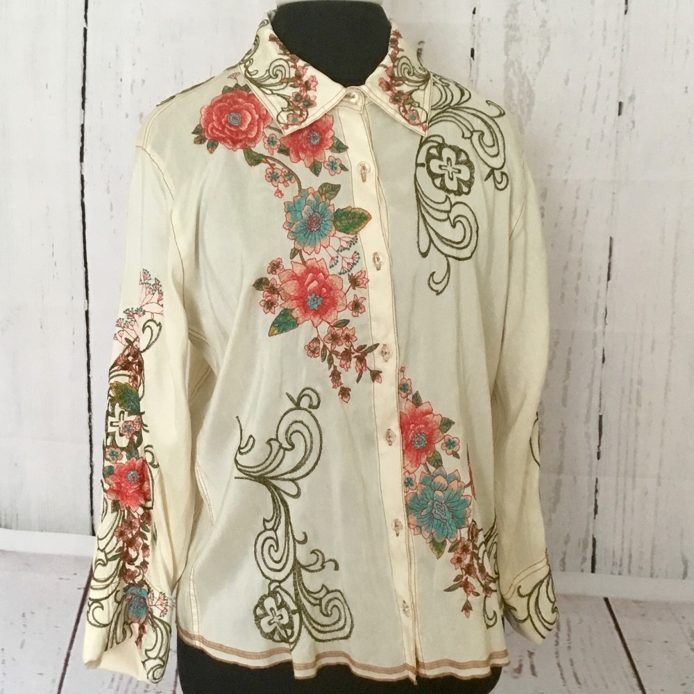 J Jill Ivory Silk Embroidered Embellished Boho